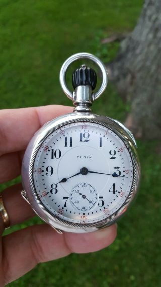 Elgin Father Time 4oz Coin Silver 21j 18 Size Pocket Watch Serviced