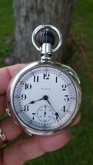 ELGIN FATHER TIME 4oz Coin Silver 21J 18 size Pocket watch Serviced 5