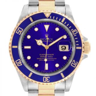 Rolex Submariner Purple Blue Dial Steel Yellow Gold Mens Watch 16613