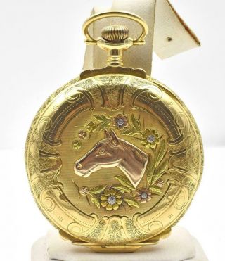 Antique 14k Multicolor Yellow Green Pink Gold Horse Hunting Case Boxed Elgin 17j