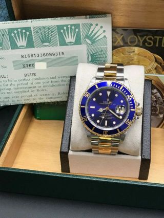 Rolex Submariner Blue 16613 18k Yellow Gold & Stainless Steel Box & Papers