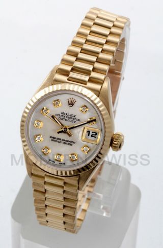 Rolex Ladies President 18k Yellow Gold White Mop Diamond Fluted 69178 Box/papers