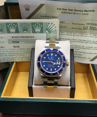 Rolex Submariner 16613 Blue 18k Gold & Stainless Steel Gold Box & Papers