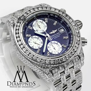 Breitling Galactic Chronograph Ii 44mm Custom Diamonds Watch A13364 Blue Dial