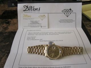 Mens 18k Gold Rolex Watch Day Date President 1987 Model 18038 Serial 9621447