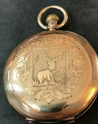 1883 Illinois Watch Co.  Gold Filled Hunter Case Pocket Watch Elk Scene
