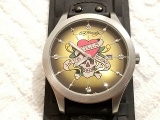 Ed Hardy Quartz Multi - Color Dial Watch Black Leather Wide Cuff Strap