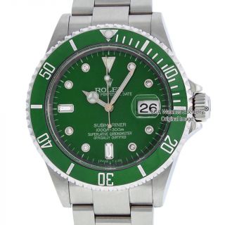 Rolex Mens Submariner 16610 Oyster Perpetual Stainless Steel Green Diamond Watch