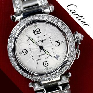Diamond Cartier Pasha Automatic Stainless Steel Watch Complete & Papers