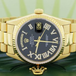 Rolex President Day - Date 18k Gold Fluted Bezel 36mm W/black Roman Diamond Dial