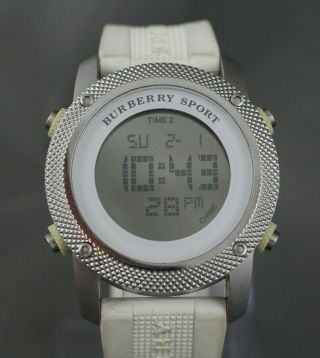 Burberry Sport Luxury Men Women 44mm Steel Chrono Watch Rubber White Date Bu7719