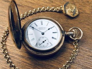 Antique 14k Solid Gold Waltham Hunter Case Pocket Watch W/chain & Fob Keeps Time