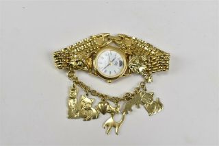 Kirks Folly Cat Dangle Charms Watch Gold Tone Quartz Bracelet Chain