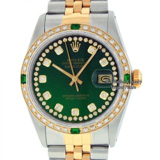Rolex Mens Datejust Watch 16013 Ss/18k Yellow Gold Green Diamond Dial Emerald