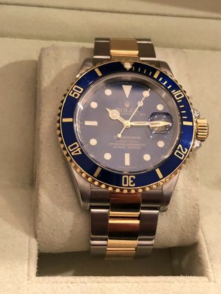 Rolex Submariner 16613 40mm Blue Dial Steel & Yellow No Holes Gold Clasp Box D