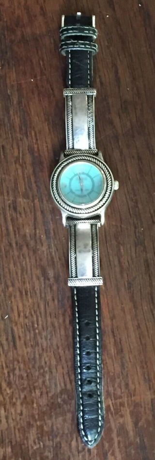 Ecclissi Sterling Silver Turquoise Face Black Leather Strap Ladies Watch
