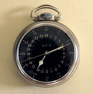 Military Pocket Watch Hamilton 24 Hour Gct Black Dial.  800 Fine Silver Case