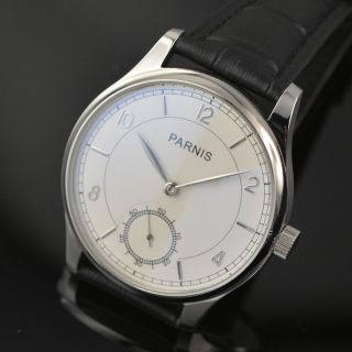 44mm Parnis White Dial Blue Marks Asia 6498 Hand Winding Mens Wrist Watch