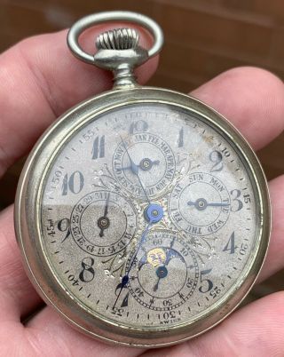 A Gents Unusual Antique Swiss Made “emka Watch Co” Calendar Pocket Watch,  C1920s