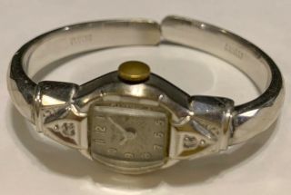 Vintage Ladies Bulova 10k White Gold Filled Watch Bangle Bracelet W/ 2 Diamonds
