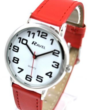 Ravel Mens Ladies Bold Big Number Watch With Big Face And Extra Long Red Strap