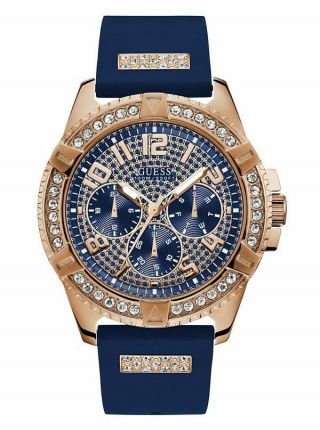 Guess Comfortable Iconic Rose Gold - Tone Blue Stain Resistant Silicone Watch