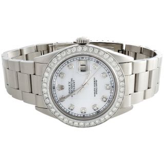 Mens Rolex 36mm DateJust Diamond Watch Oyster Steel Band White MOP Dial 2 CT. 3