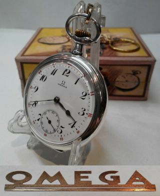 Vintage Mens Pocket Watch Omega Swiss Made Solid Silver,  Box And Chain
