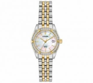 Citizen Crystal Accent Mop Dial Two Tone Stainless Steel Ladies Watch Eu6064 - 54d