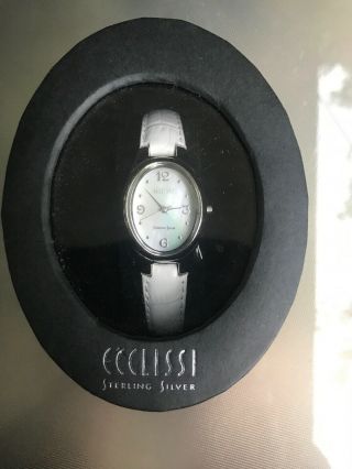Ecclissi Sterling Silver Ladies Wrist Watch White Leather Band 22690