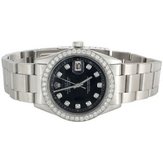 Mens Rolex 36mm DateJust Diamond Watch Oyster Steel Band Custom Black Dial 2 CT. 3