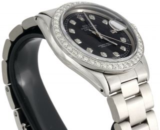 Mens Rolex 36mm DateJust Diamond Watch Oyster Steel Band Custom Black Dial 2 CT. 9