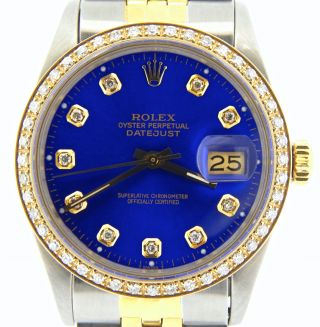 Men Rolex 2tone 18k Gold/steel Datejust W/submariner Blue Diamond Dial 1ct Bezel