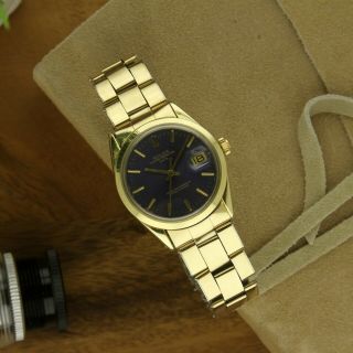 Men’s Vintage Rolex Date 34mm 1550 14k Yellow Gold Shell Blue Dial 1978
