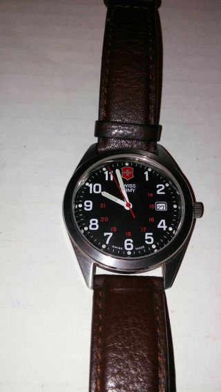 Swiss Army Victorinox Black Dial Leather Band Date Large Field Watch 2