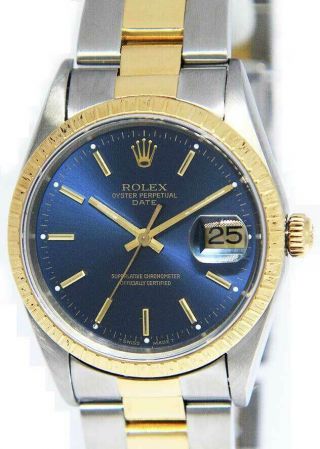 Rolex Date 18k Yellow Gold & Steel Blue Dial 34mm Automatic Watch 15223