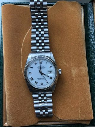 Mens Rolex Datejust Stainless Steel 18K White Gold Watch Silver Roman Dial 16014 6