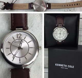 Kenneth Cole Watch Leather Solid Brown Stainless Steel Men Nib