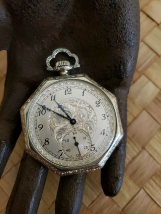 Rare Antique Illinois Elite 19j Pocket Watch Octagon Case 14k White Gf Serviced
