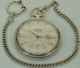 Vintage Art - Deco Sterling Silver Aerowatch Neuchatel Pocket Watch&chain