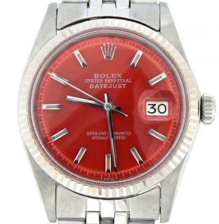 Rolex Datejust Mens Stainless Steel 18k White Gold W/ Jubilee Band Red Dial 1601