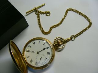 Stunning Vintage Gold Plated Buren Hunter Pocket Watch With Chain & Box