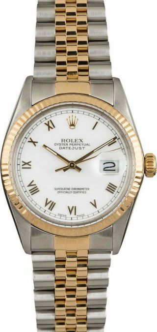 Rolex Datejust Mens 18k Yellow Gold & Steel Watch White Roman Dial Jubilee 16013