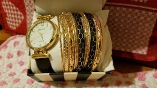Women’s Embassy Watch Jewelry Set Black Band Gold Bracelet Combo