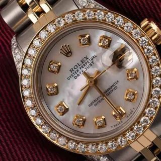 Ladies Rolex Stainless Steel 18k Gold 26mm Datejust Watch White Mop Diamond Dial