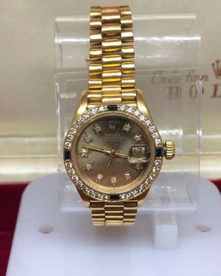 Womens Rolex Datejust 69178 18k Gold Diamond And Sapphire Watch 1986 Box/papers