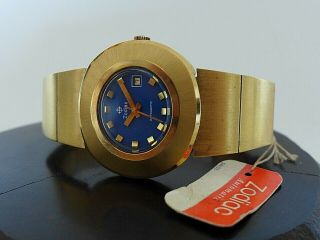 Vintage Nos Zodiac Automatic Gold Blue Ladies Watch With Tags Old Stock