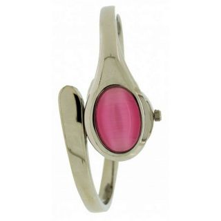 Softech Ladies Silver Bracelet Bangle Watch Pink Stone On Face Analog Quartz