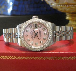 Ladies Rolex Datejust Pink Mother - Of - Pearl Diamond Bezel And Diamond Dial Watch
