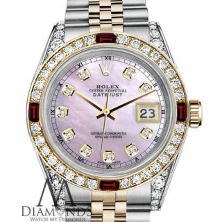 26mm Ladies Pink Rolex 18k Gold & Stainless Steel Datejust Mop Ruby Diamond Dial